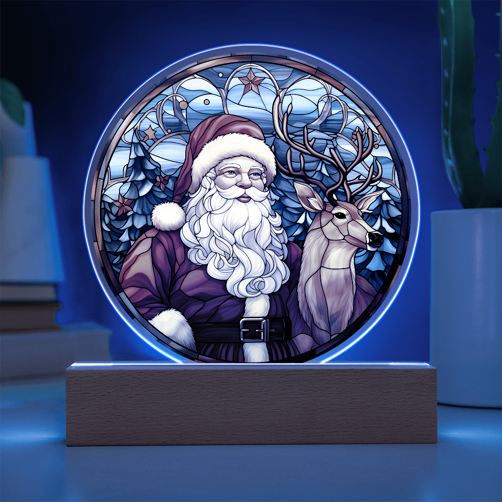 Santa and Reindeer Stained Glass Acrylic Plaque – Round LED Light Christmas Décor | Festive Holiday Gift Keepsake