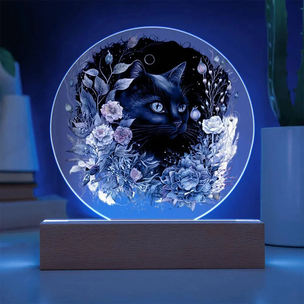Moonlit Mystery: Black Cat Acrylic Plaque Showcase