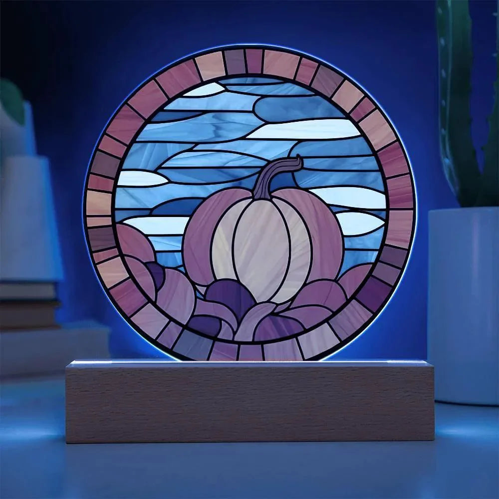 Pumpkin Stained-Glass Fall, Halloween, or Thanksgiving Home Decor Round Acrylic Plaque with Lighted LED Wooden Base
