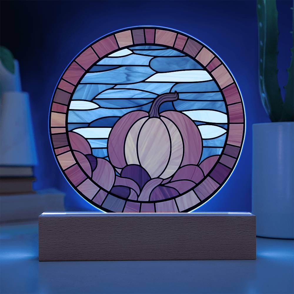 Pumpkin Stained-Glass Fall, Halloween, or Thanksgiving Home Decor Round Acrylic Plaque with Lighted LED Wooden Base - Mallard Moon Gift Shop