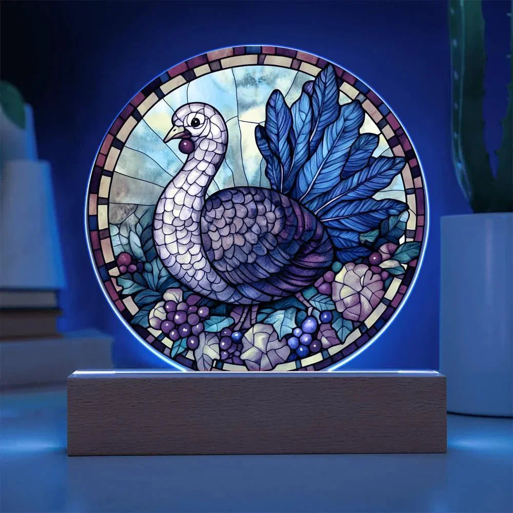 Turkey Stained-glass Round Acrylic Plaque - LED Lighted Wooden Base