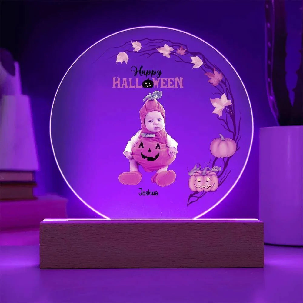 Personalized Halloween Photo Upload - Baby First Halloween Keepsake - Family Costume Round Acrylic Plaque with LED Lighted Base