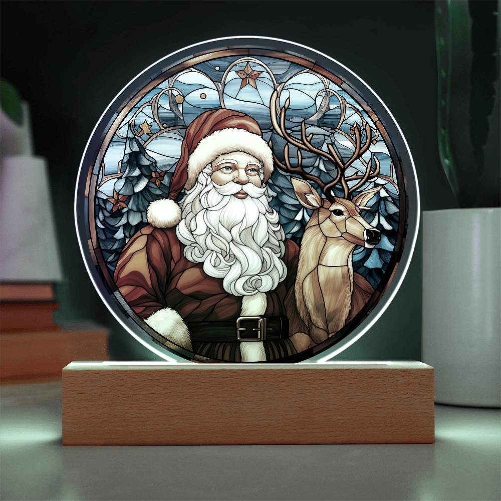Santa and Reindeer Stained Glass Acrylic Plaque – Round LED Light Christmas Décor | Festive Holiday Gift Keepsake