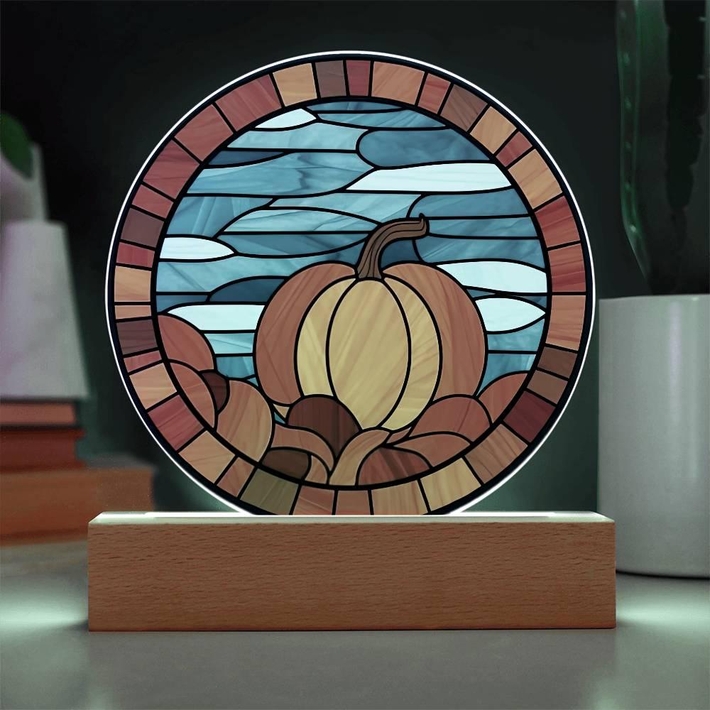 Pumpkin Stained-Glass Fall, Halloween, or Thanksgiving Home Decor Round Acrylic Plaque with Lighted LED Wooden Base - Mallard Moon Gift Shop