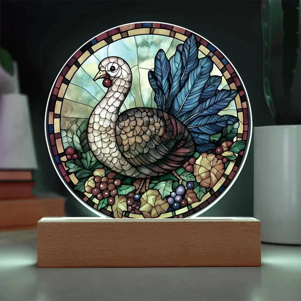 Turkey Stained-glass Round Acrylic Plaque - LED Lighted Wooden Base