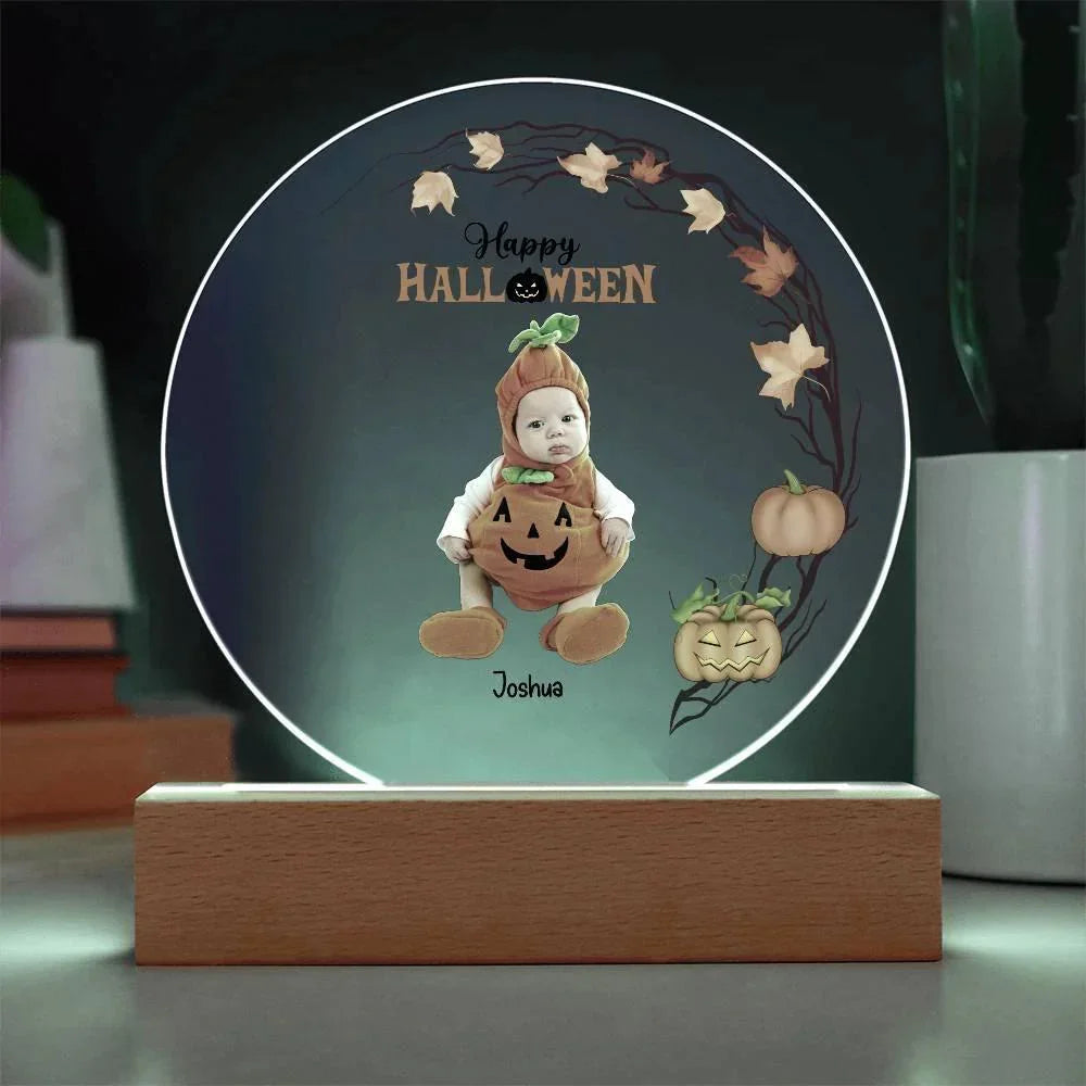 Personalized Halloween Photo Upload - Baby First Halloween Keepsake - Family Costume Round Acrylic Plaque with LED Lighted Base