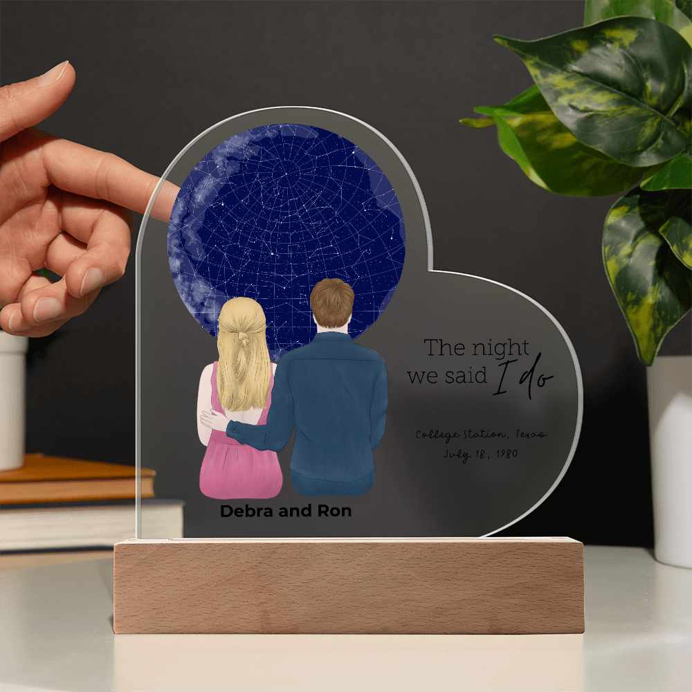 Personalized Heart-Shaped Star Map LED Acrylic Plaque with Custom Couple Illustration - Celebrate Your Special Night - Mallard Moon Gift Shop
