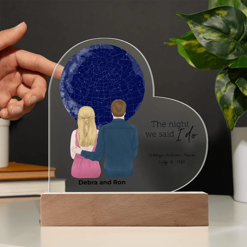 Personalized Heart-Shaped Star Map LED Acrylic Plaque with Custom Couple Illustration - Celebrate Your Special Night