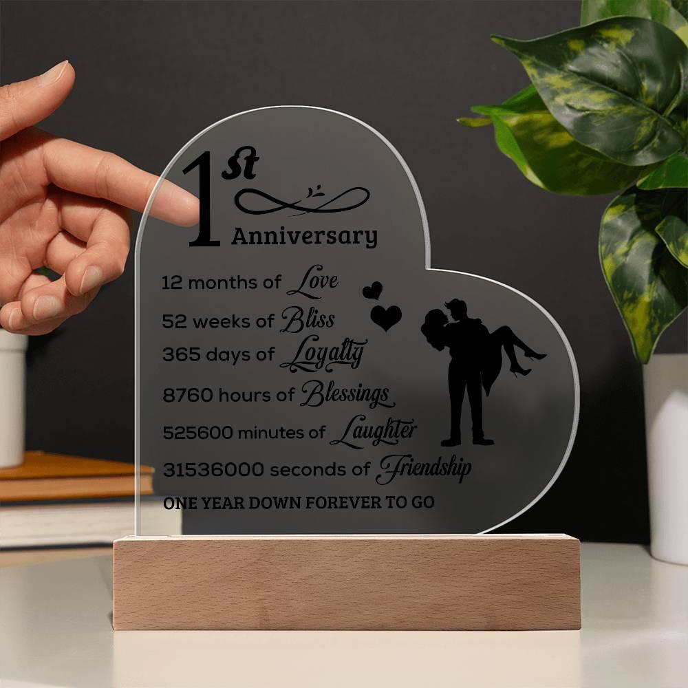 First Anniversary Heart Shaped Acrylic Plaque with LED Lighted Base - Mallard Moon Gift Shop