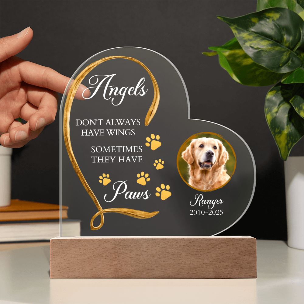 Personalized Pet Memorial Heart-Shaped Acrylic Plaque – “Angels Don't Always Have Wings” – Custom Photo, Name & Dates – Dog or Cat Loss Remembrance Gift with LED Light Base - Mallard Moon Gift Shop