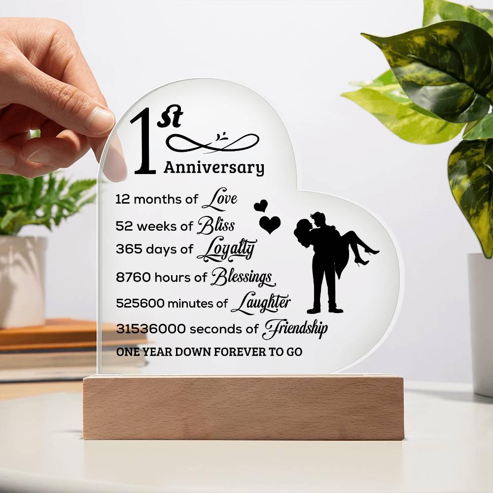 First Anniversary Heart Shaped Acrylic Plaque with LED Lighted Base - Mallard Moon Gift Shop