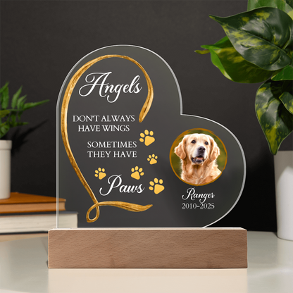 Personalized Pet Memorial Heart-Shaped Acrylic Plaque – “Angels Don't Always Have Wings” – Custom Photo, Name & Dates – Dog or Cat Loss Remembrance Gift with LED Light Base - Mallard Moon Gift Shop