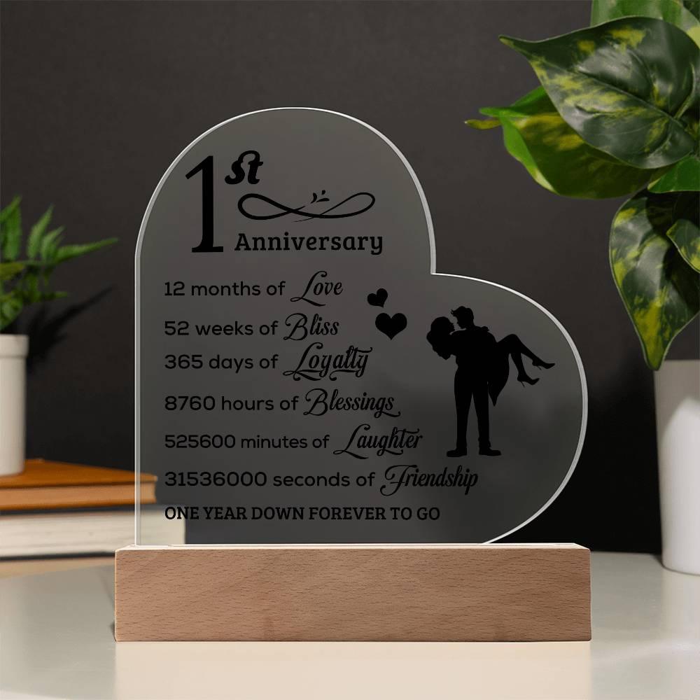 First Anniversary Heart Shaped Acrylic Plaque with LED Lighted Base - Mallard Moon Gift Shop