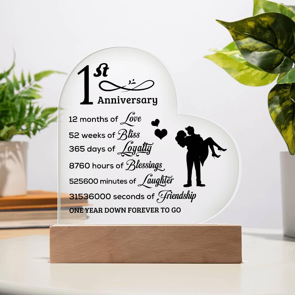 First Anniversary Heart Shaped Acrylic Plaque with LED Lighted Base - Mallard Moon Gift Shop