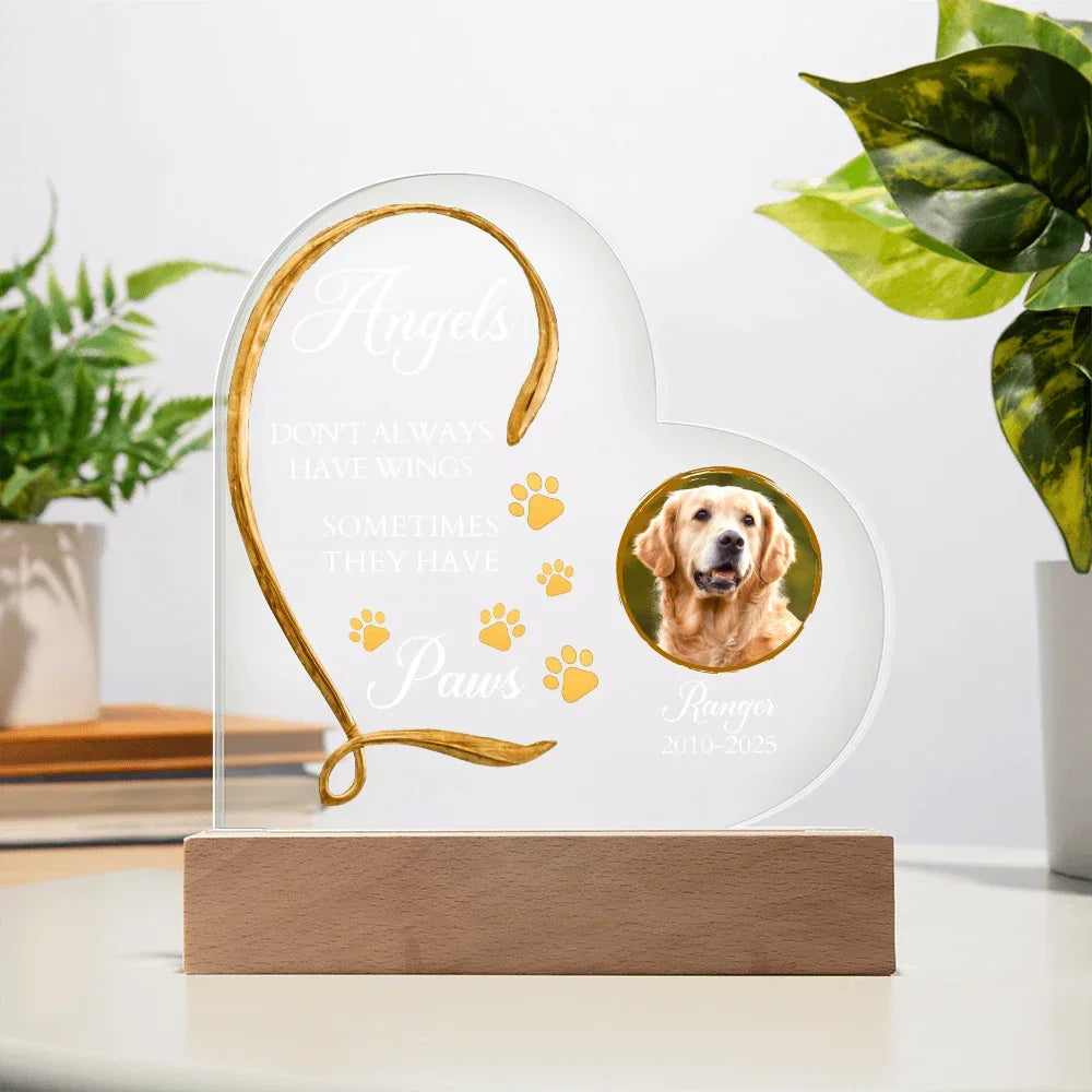 Personalized Pet Memorial Heart-Shaped Acrylic Plaque – “Angels Don't Always Have Wings” – Custom Photo, Name & Dates – Dog or Cat Loss Remembrance Gift with LED Light Base