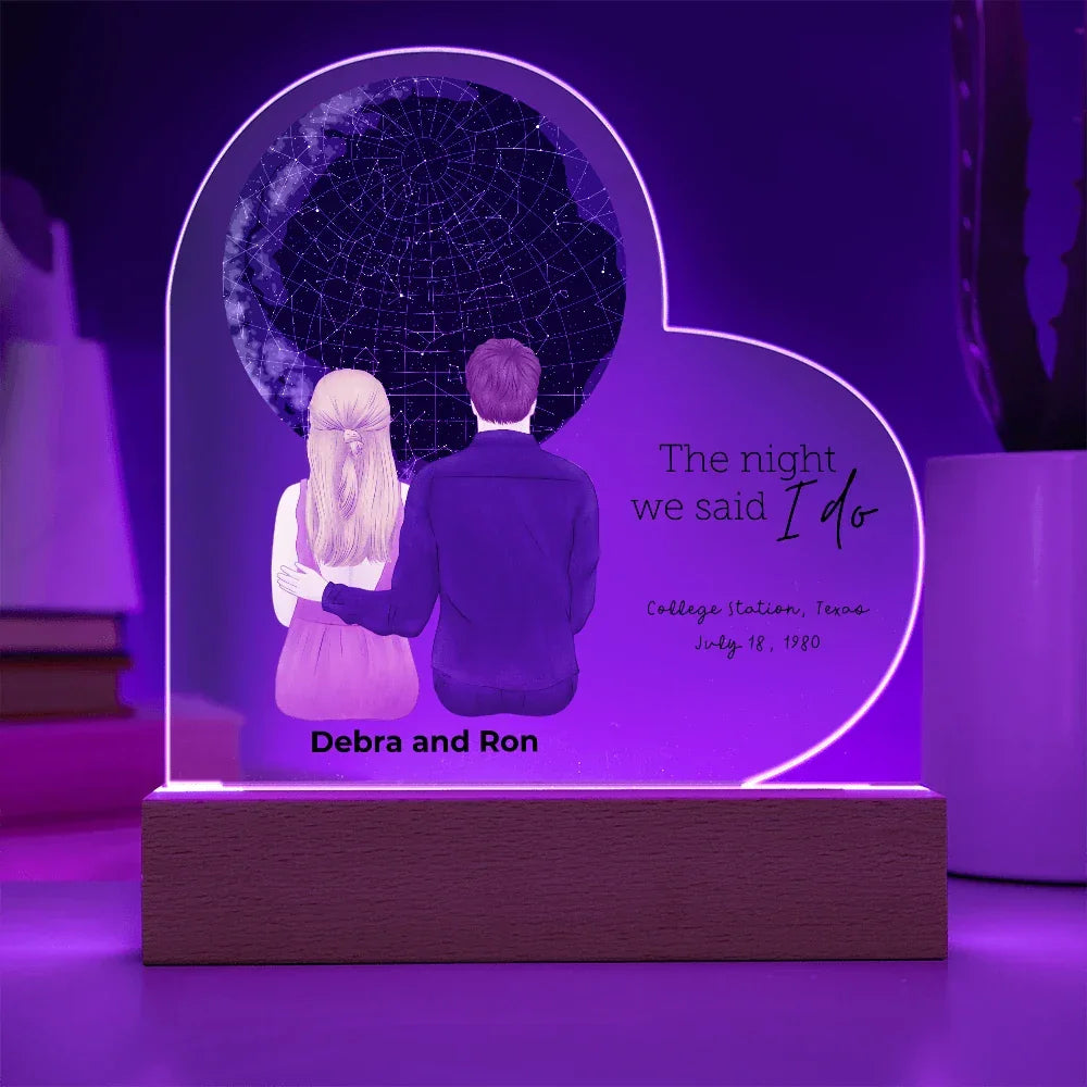 Personalized Heart-Shaped Star Map LED Acrylic Plaque with Custom Couple Illustration - Celebrate Your Special Night