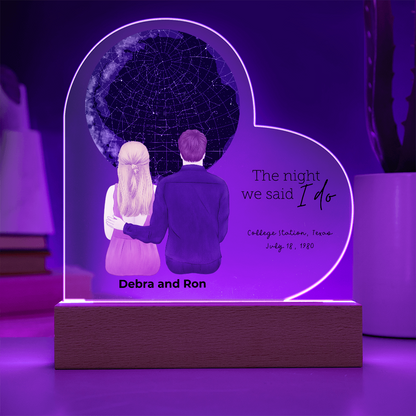Personalized Heart-Shaped Star Map LED Acrylic Plaque with Custom Couple Illustration - Celebrate Your Special Night - Mallard Moon Gift Shop