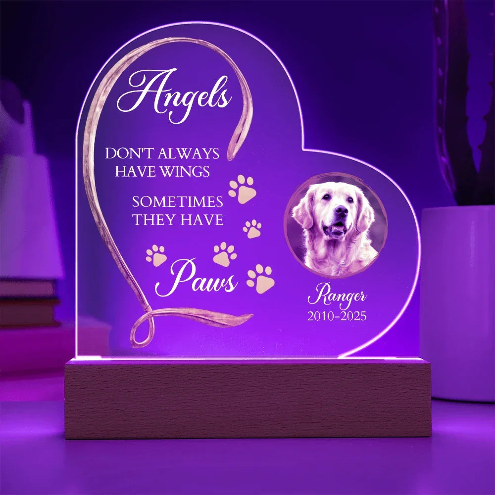 Personalized Pet Memorial Heart-Shaped Acrylic Plaque – “Angels Don't Always Have Wings” – Custom Photo, Name & Dates – Dog or Cat Loss Remembrance Gift with LED Light Base