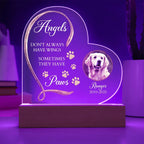 Personalized Pet Memorial Heart-Shaped Acrylic Plaque – “Angels Don't Always Have Wings” – Custom Photo, Name & Dates – Dog or Cat Loss Remembrance Gift with LED Light Base