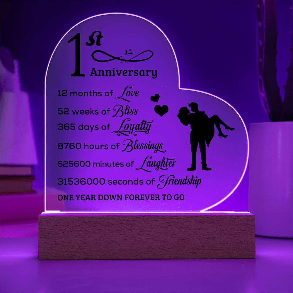 First Anniversary Heart Shaped Acrylic Plaque with LED Lighted Base - Mallard Moon Gift Shop