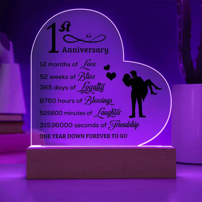 First Anniversary Heart Shaped Acrylic Plaque with LED Lighted Base - Mallard Moon Gift Shop