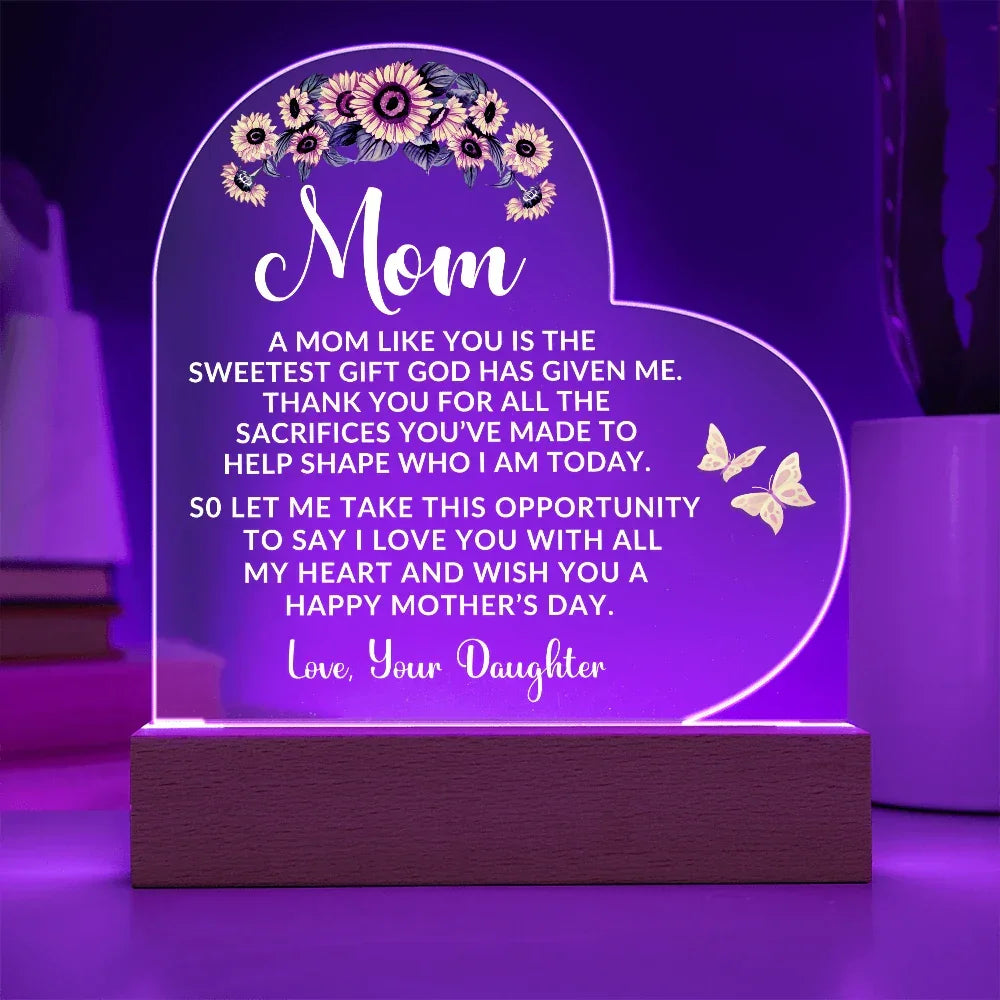 To My Mom – Heart-Shaped Sunflower Acrylic Plaque from Daughter | A Sweet Gift from God