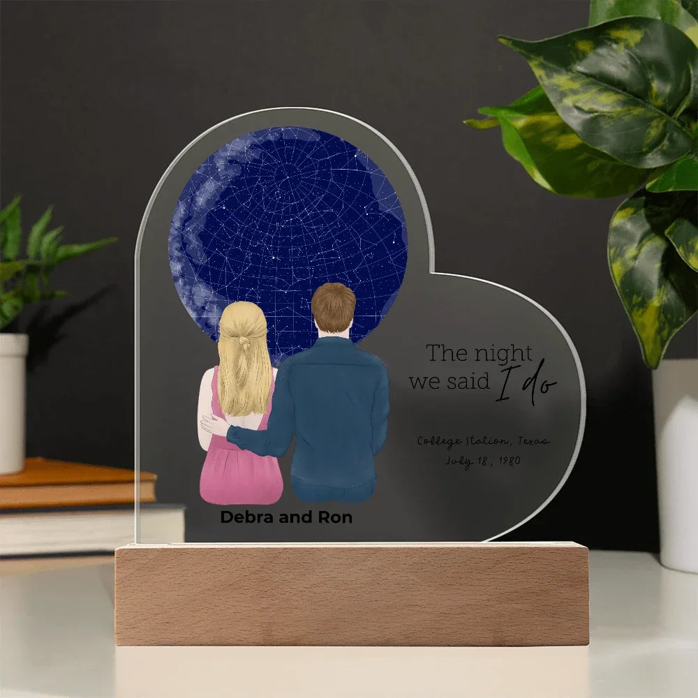 Personalized Heart-Shaped Star Map LED Acrylic Plaque with Custom Couple Illustration - Celebrate Your Special Night