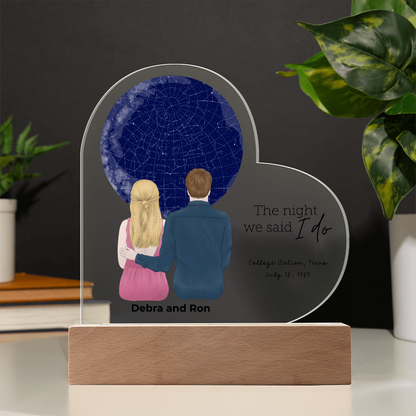 Personalized Heart-Shaped Star Map LED Acrylic Plaque with Custom Couple Illustration - Celebrate Your Special Night - Mallard Moon Gift Shop