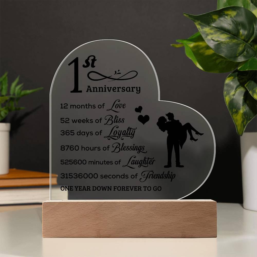 First Anniversary Heart Shaped Acrylic Plaque with LED Lighted Base - Mallard Moon Gift Shop