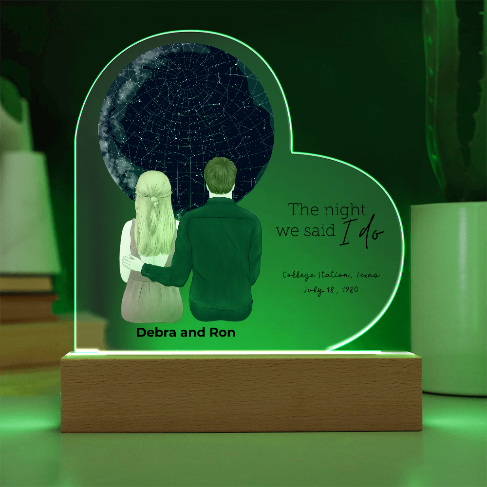 Personalized Heart-Shaped Star Map LED Acrylic Plaque with Custom Couple Illustration - Celebrate Your Special Night - Mallard Moon Gift Shop