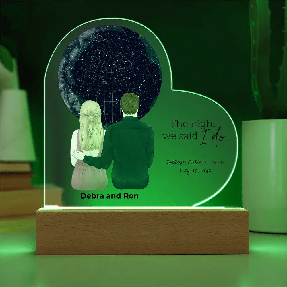 Personalized Heart-Shaped Star Map LED Acrylic Plaque with Custom Couple Illustration - Celebrate Your Special Night