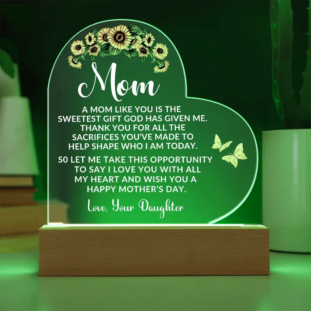 To My Mom – Heart-Shaped Sunflower Acrylic Plaque from Daughter | A Sweet Gift from God