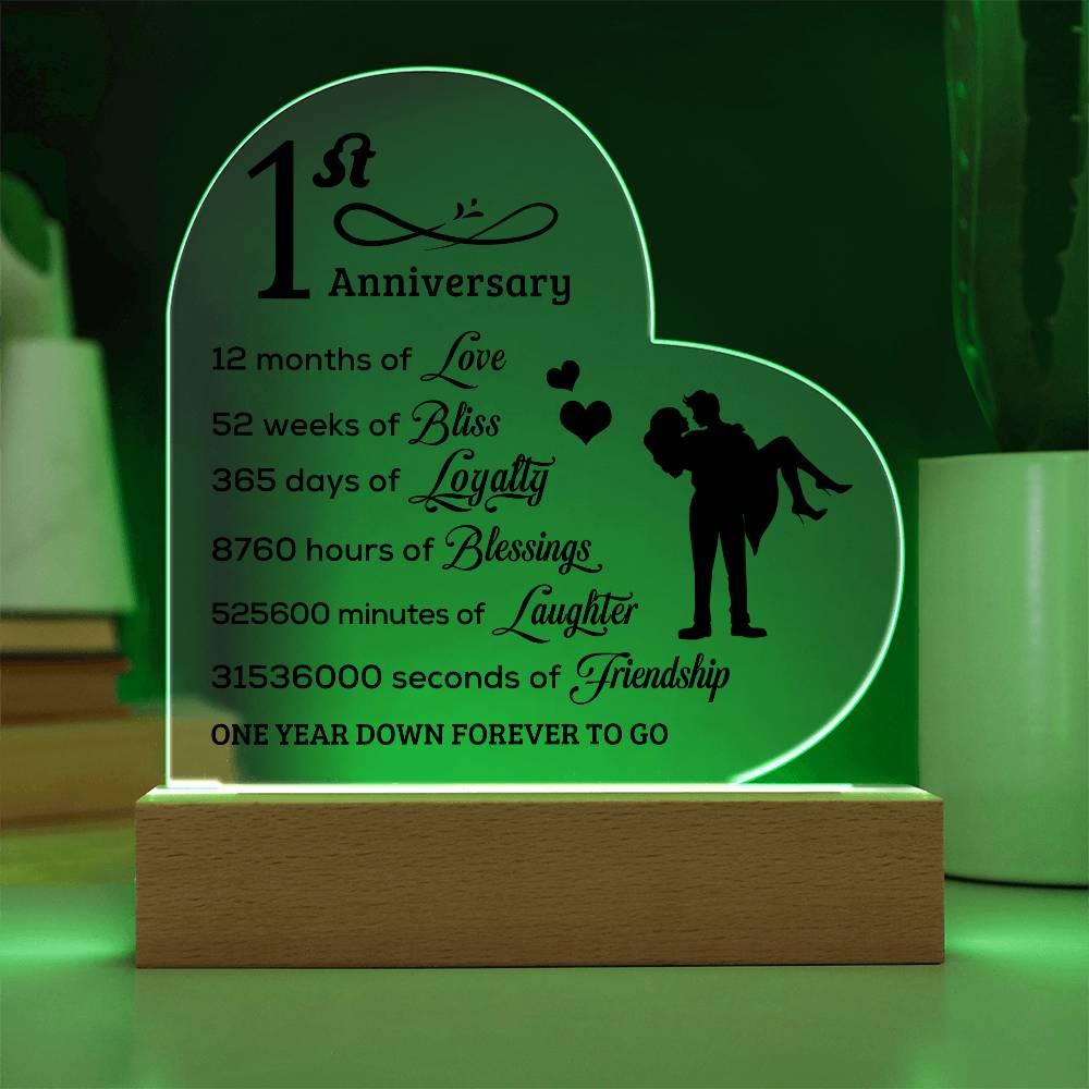 First Anniversary Heart Shaped Acrylic Plaque with LED Lighted Base - Mallard Moon Gift Shop