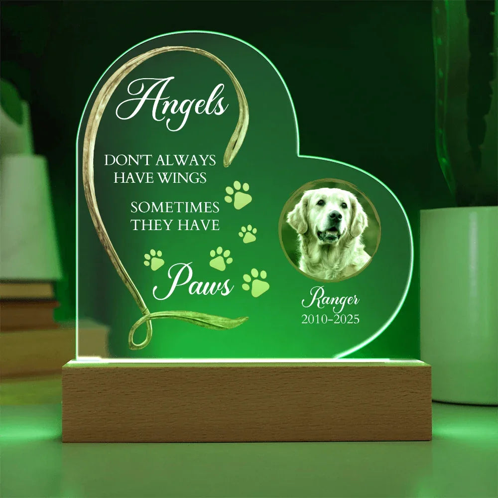 Personalized Pet Memorial Heart-Shaped Acrylic Plaque – “Angels Don't Always Have Wings” – Custom Photo, Name & Dates – Dog or Cat Loss Remembrance Gift with LED Light Base