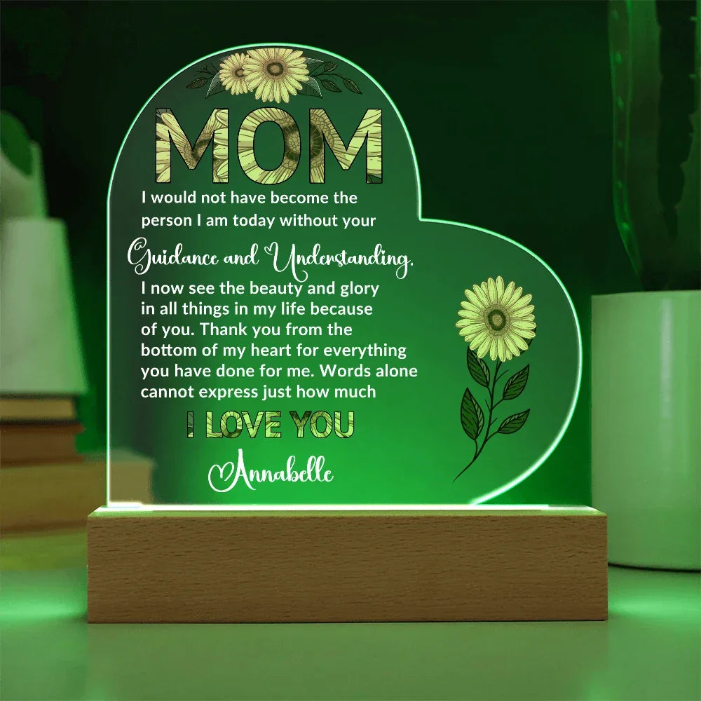 To My Mom – Heart-Shaped Sunflower Acrylic Plaque with Message of Gratitude from Daughter | A Beautiful Tribute to Your Guidance and Understanding