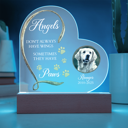 Personalized Pet Memorial Heart-Shaped Acrylic Plaque – “Angels Don't Always Have Wings” – Custom Photo, Name & Dates – Dog or Cat Loss Remembrance Gift with LED Light Base - Mallard Moon Gift Shop
