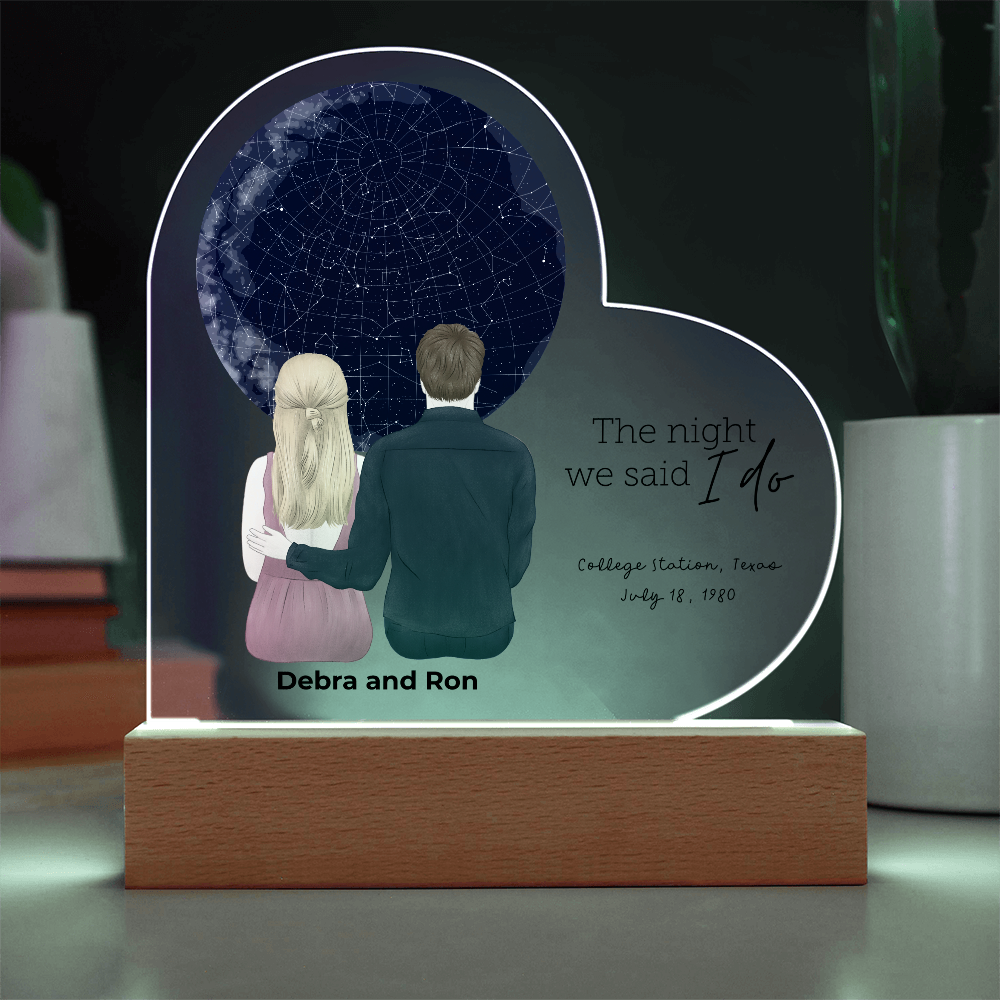 Personalized Heart-Shaped Star Map LED Acrylic Plaque with Custom Couple Illustration - Celebrate Your Special Night - Mallard Moon Gift Shop