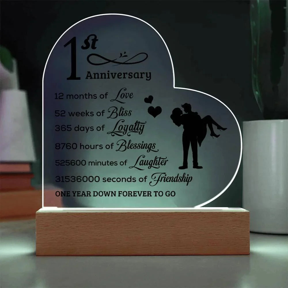 First Anniversary Heart Shaped Acrylic Plaque with LED Lighted Base