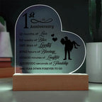 First Anniversary Heart Shaped Acrylic Plaque with LED Lighted Base