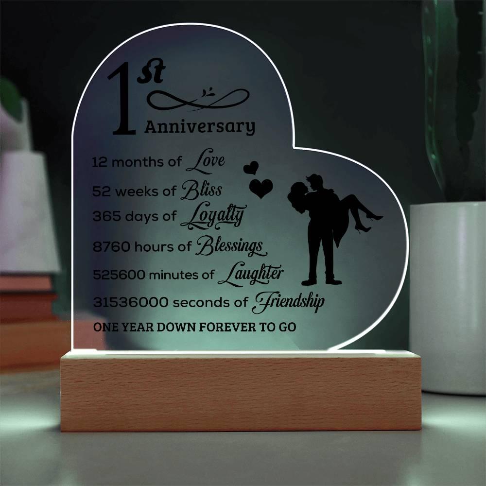 First Anniversary Heart Shaped Acrylic Plaque with LED Lighted Base - Mallard Moon Gift Shop