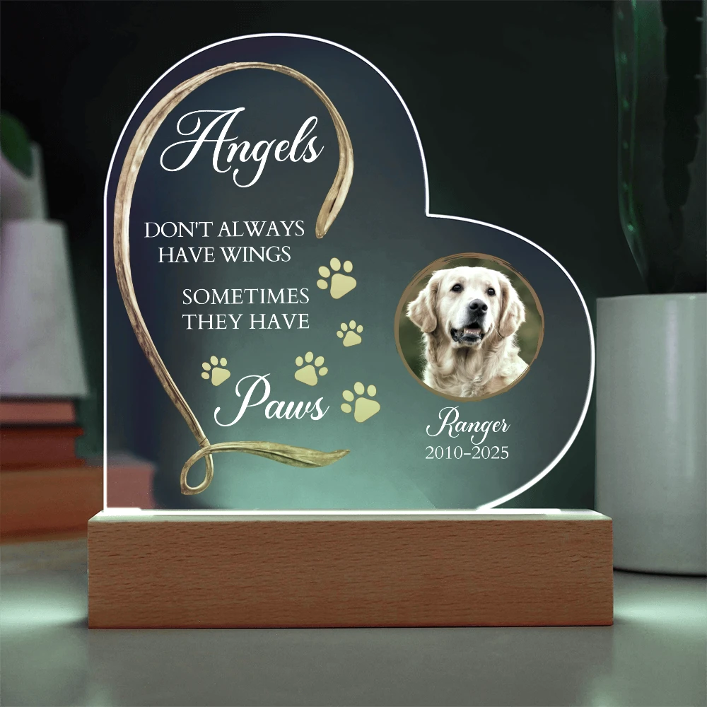 Personalized Pet Memorial Heart-Shaped Acrylic Plaque – “Angels Don't Always Have Wings” – Custom Photo, Name & Dates – Dog or Cat Loss Remembrance Gift with LED Light Base
