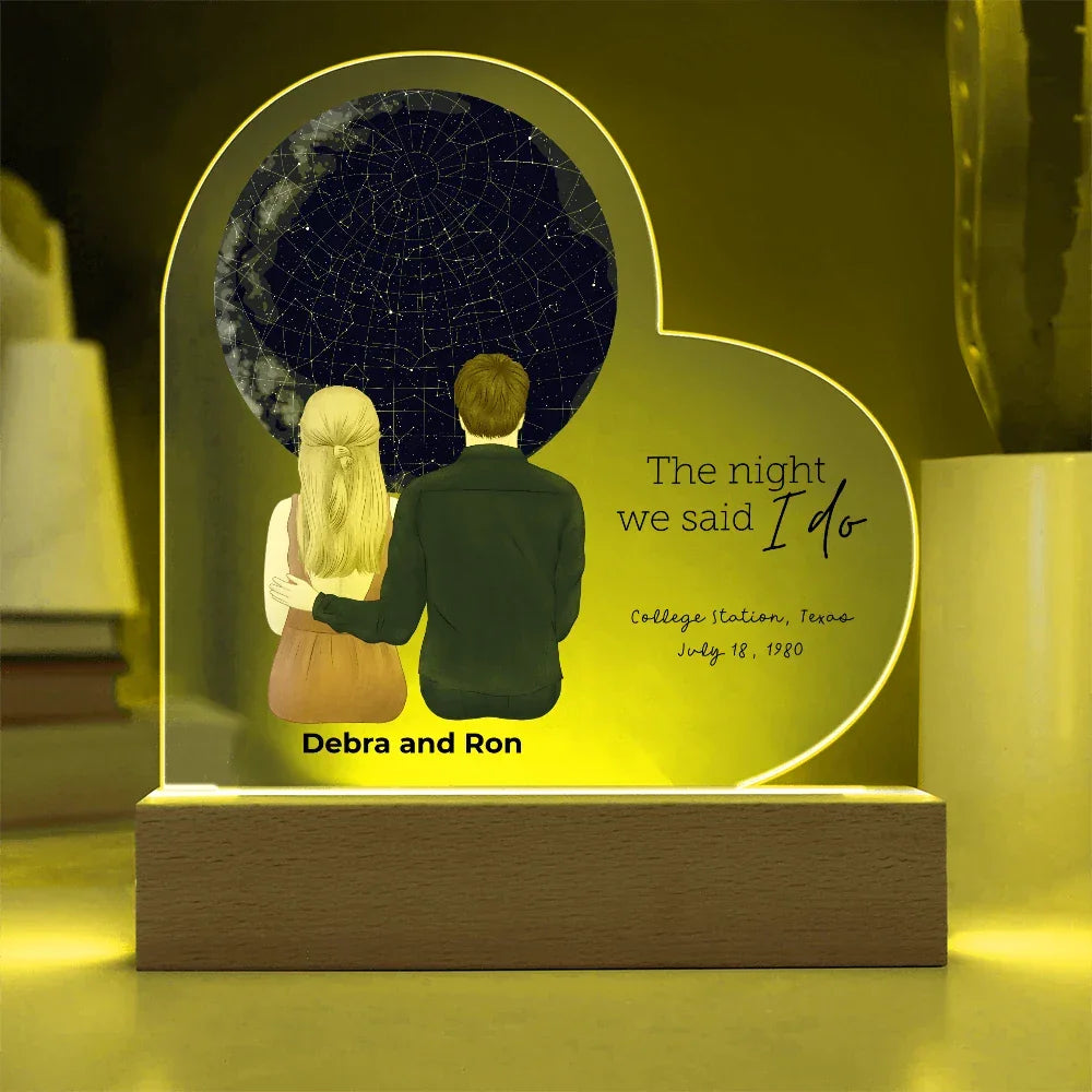 Personalized Heart-Shaped Star Map LED Acrylic Plaque with Custom Couple Illustration - Celebrate Your Special Night