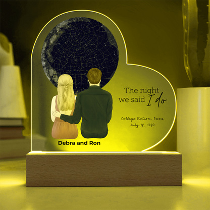 Personalized Heart-Shaped Star Map LED Acrylic Plaque with Custom Couple Illustration - Celebrate Your Special Night - Mallard Moon Gift Shop