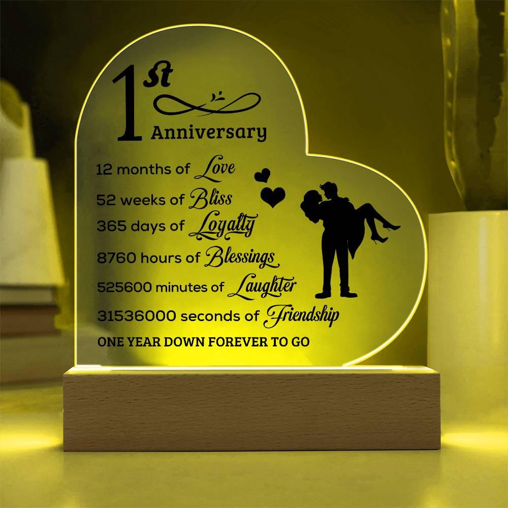 First Anniversary Heart Shaped Acrylic Plaque with LED Lighted Base - Mallard Moon Gift Shop