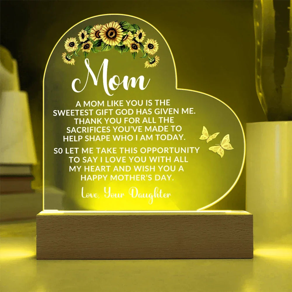 To My Mom – Heart-Shaped Sunflower Acrylic Plaque from Daughter | A Sweet Gift from God