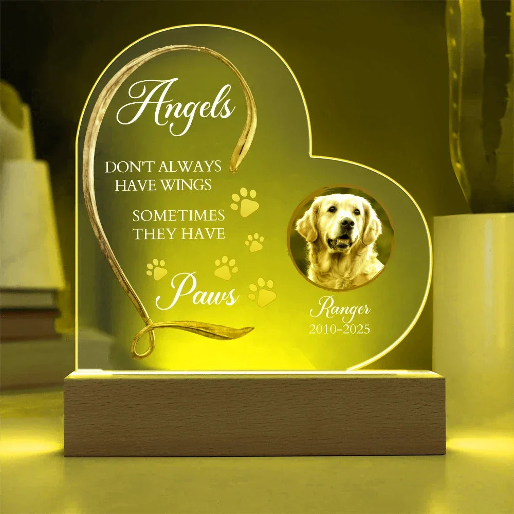 Personalized Pet Memorial Heart-Shaped Acrylic Plaque – “Angels Don't Always Have Wings” – Custom Photo, Name & Dates – Dog or Cat Loss Remembrance Gift with LED Light Base