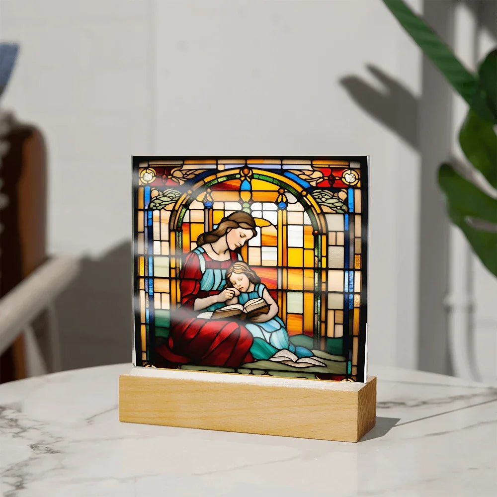 Mother and Child Reading Together Stained-Glass Style LED Acrylic Plaque – A Heartfelt Gift for Moms and Book-Loving Families