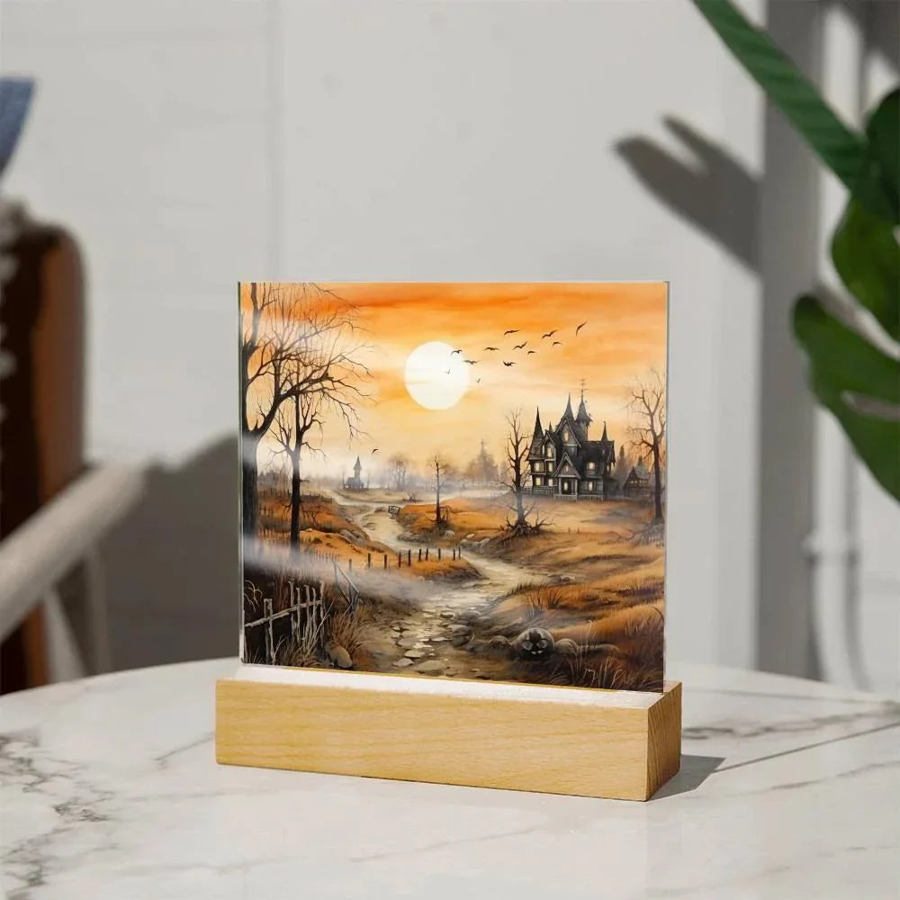 Ghost Manor: Acrylic Halloween Plaque Haunted House Table-top Lighted Decoration