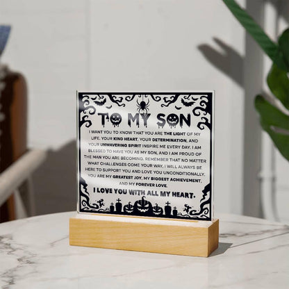 Son - Proudest Achievement - Halloween Acrylic Square Plaque with LED Wooden Base - Mallard Moon Gift Shop
