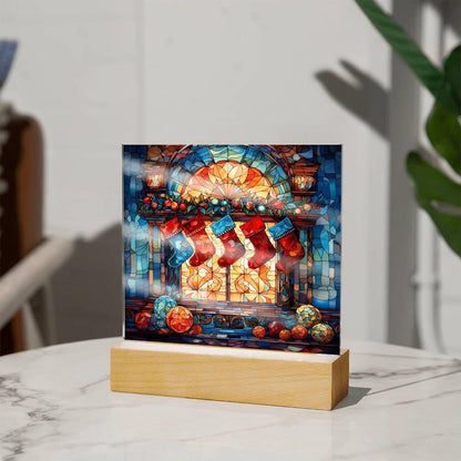 Stained Glass Christmas Stockings Acrylic Plaque with Lighted LED Wooden Base - Mallard Moon Gift Shop